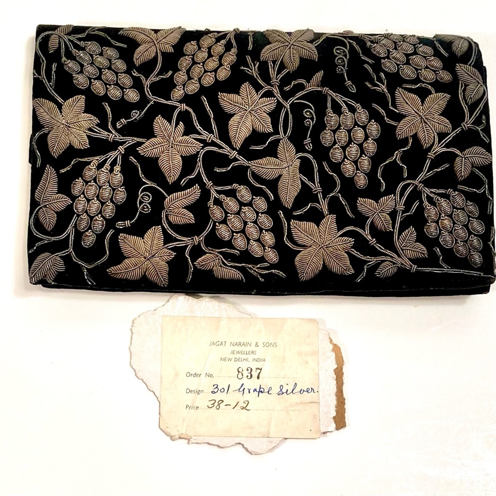 Jagat Narain silver thread embroidery grapes/vines Zardozi Zari clutch